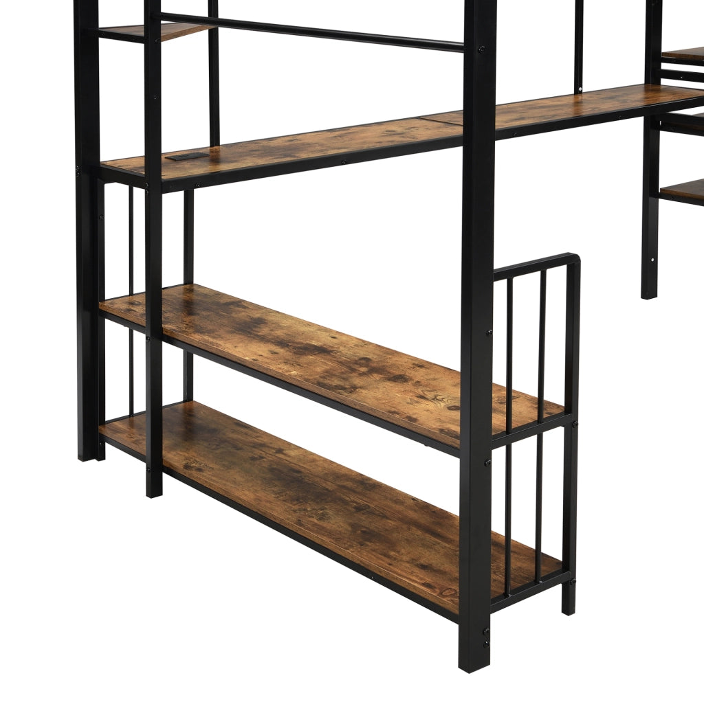 Letto a soppalco 120x200 cm con scala laterale, presa di ricarica e appendiabiti