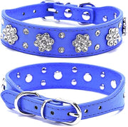 Collare con strass per gatto - Fiori scuri - Cappuccio in pelle PU - Blu scuro - Dimensioni regolabili - Adatto per gatto