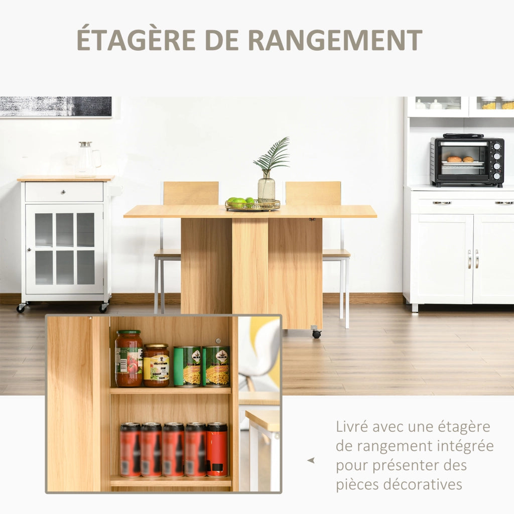 Tavolo pieghevole da pranzo e cucina con ruote e ripiani ¨C zephmum ¨C 80x140x74 cm legno naturale