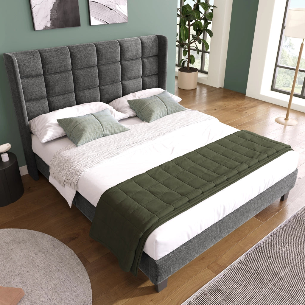 LETTO Matrimoniale 140x200 cm in lino grigio con rete a doghe