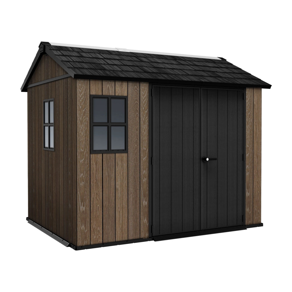 Apex 759/975- Casetta da Giardino 287x246x230 cm  2 Ante per deposito attrezzi finitura effetto legno Evotech+ in Resina Marrone e Nero