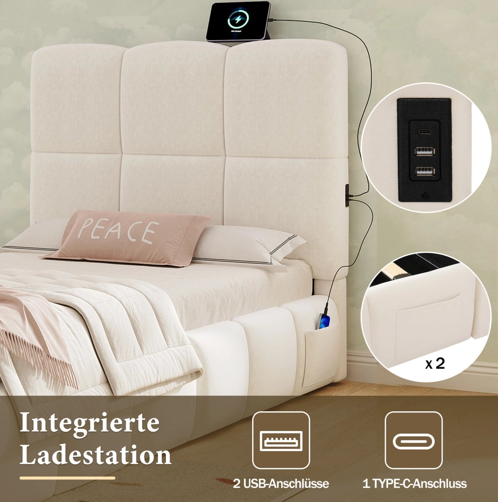 Letto singolo 90x200 cm in velluto beige con contenitore idraulico; rete inclusa e presa USB