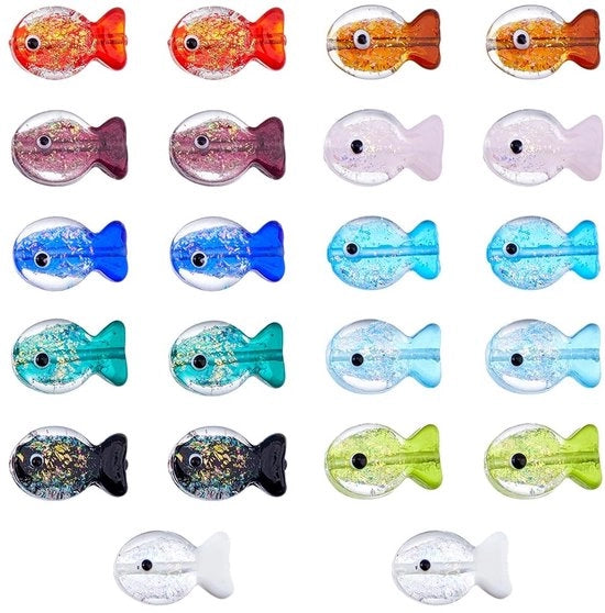 Visglazen Perle 22 Stuks - Disegno Luccicante - Foglie Artigianali - Perle per Gioielli - 11 Colori - Dimensioni 20 mm x 23 mm