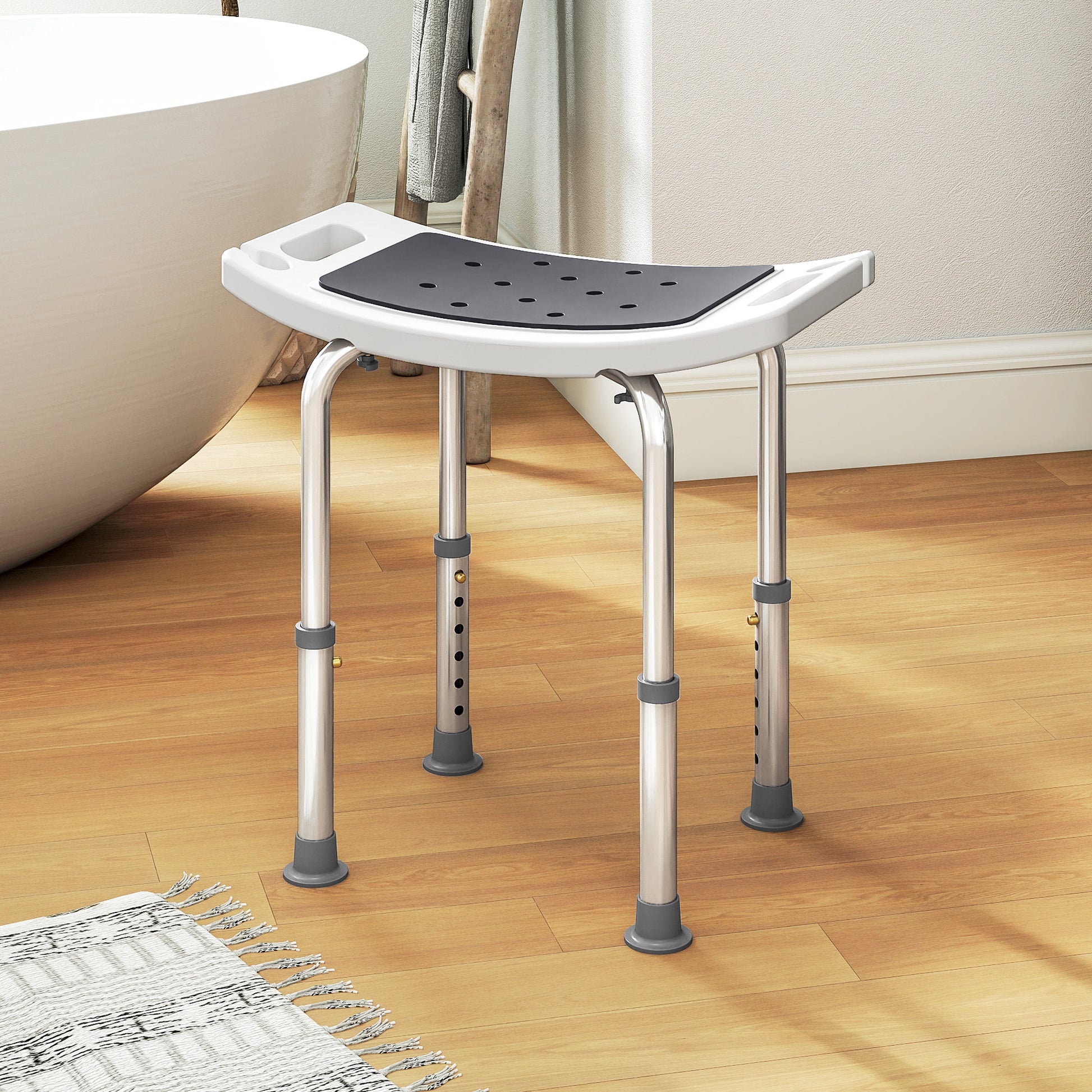 Sgabello da Doccia Altezza Regolabile 6 Livelli 39-52 cm in Lega di Alluminio e Plastica Antiscivolo Grigio
