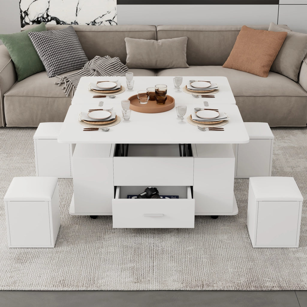 TAVOLO da caffè sollevabile 100 x 50 cm bianco con 4 sgabelli