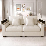 Divano 2 posti 180 cm con contenitore nei braccioli; in tessuto Chenille beige