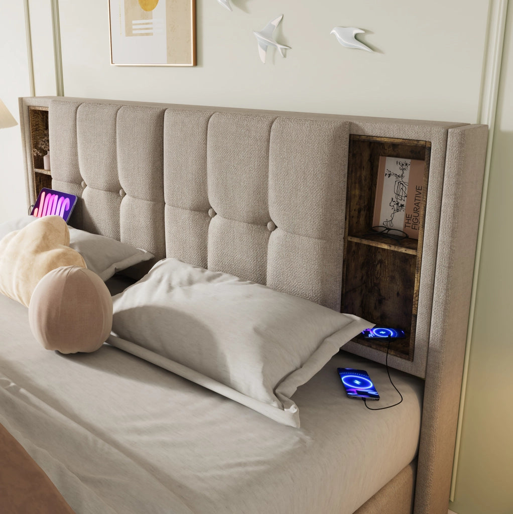 Letto imbottito 140x200 cm con contenitore; ricarica wireless; USB e Type-C; naturale