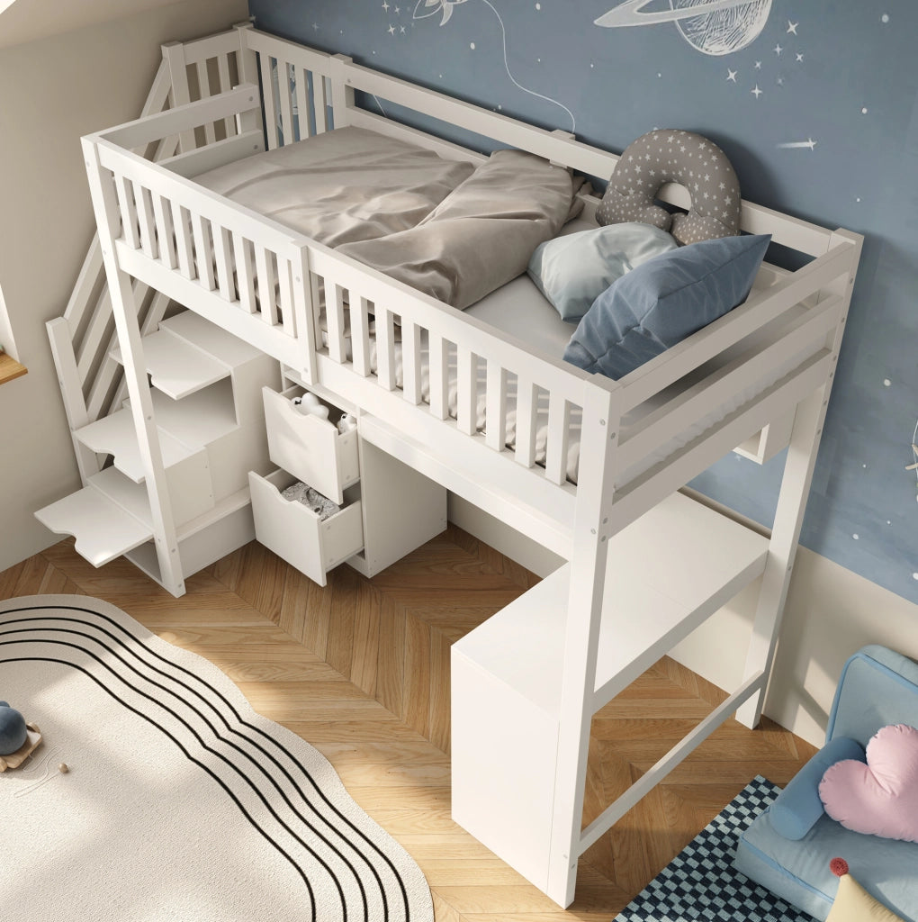 Letto a soppalco 90x200 cm bianco in legno con scrivania ad angolo e scala contenitore