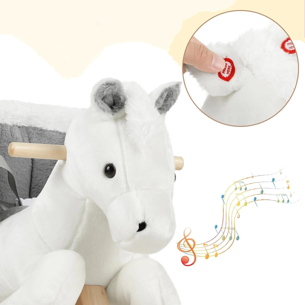 Cavallo a Dondolo in Legno Cavalluccio per Bambini Peluche Giocattolo Cavalcabile con Suoni e Cintura di Sicurezza Regalo Bimbi 1/2/3 Anni, Bianco e Grigio