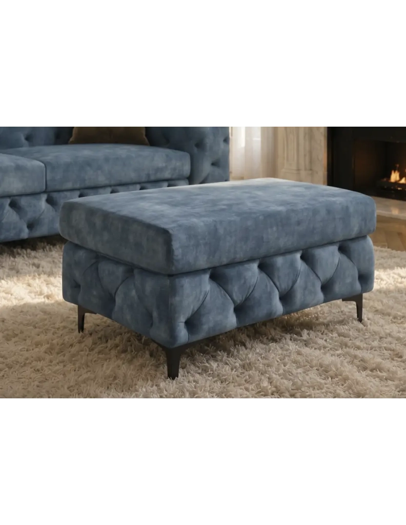 Divano ad angolo VELENA 4 posti con pouf - Velluto blu trapuntato - 235 x 74 x 157 cm