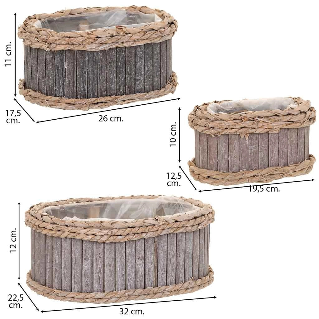 Set di 3 cestini ovali in legno grigio