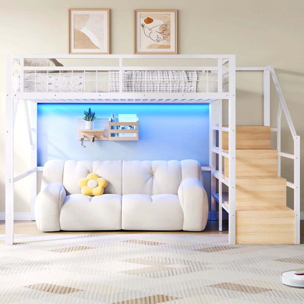 OKWISH Letto a Soppalco 140×200 cm, Letto Matrimoniale con LED Regolabile, Scala Contenitore e Spazio sotto Letto, senza Materasso, Bianco