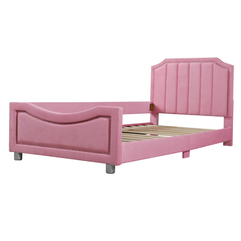 Letto imbottito bambini 90x200 cm in flanella rosa con struttura in legno e rete a doghe