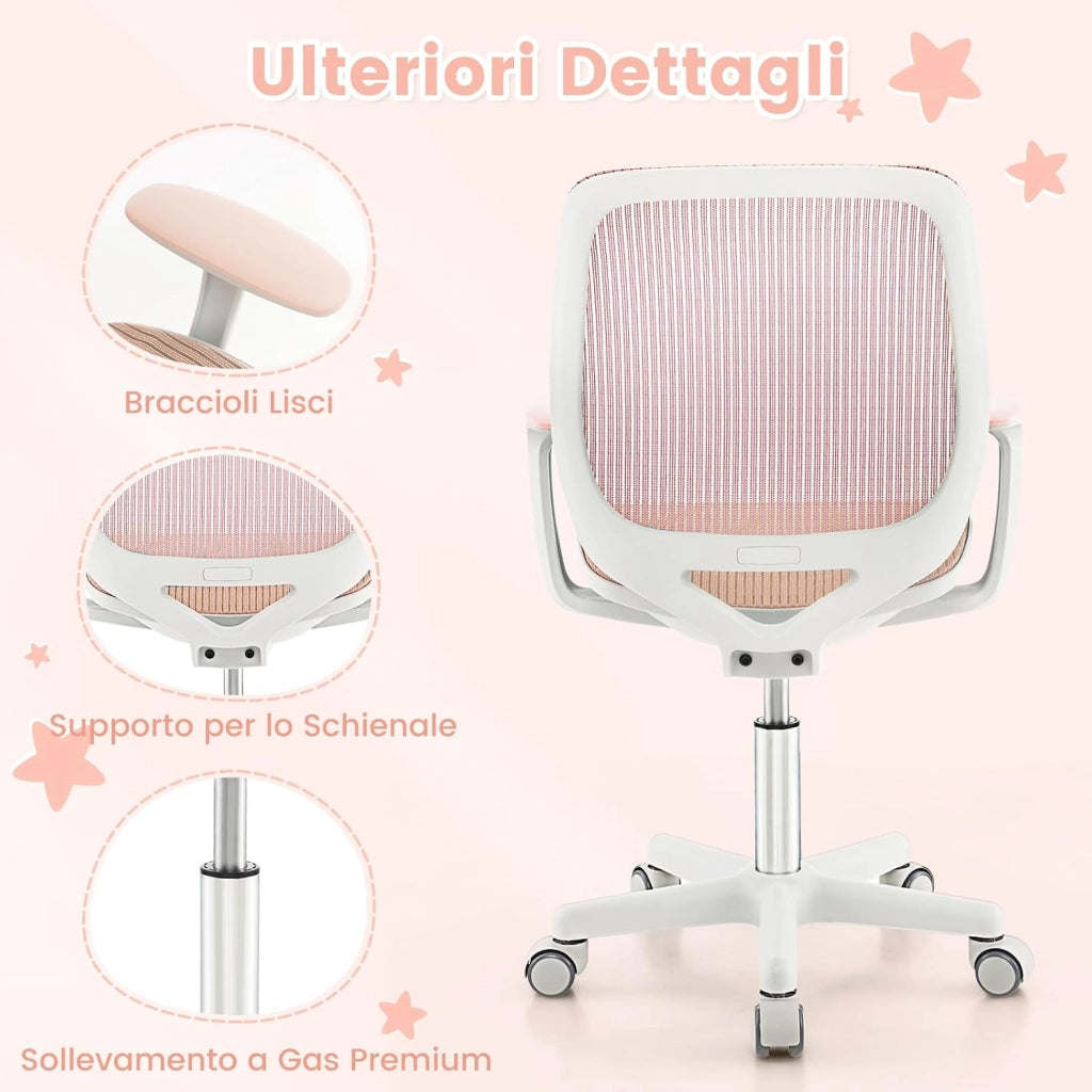 Sedia da Scrivania Girevole per Bambini (Rosa, Rullo di Pressione) | con Altezza Regolabile, 5 Ruote, Braccioli Morbidi, Mobile Ergonomica per Bambini 6-15 Anni