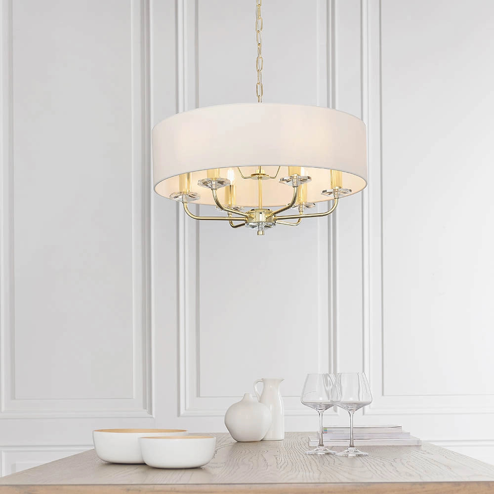 Lampadario 6 luci ottone paralume bianco E14 Nixon Endon