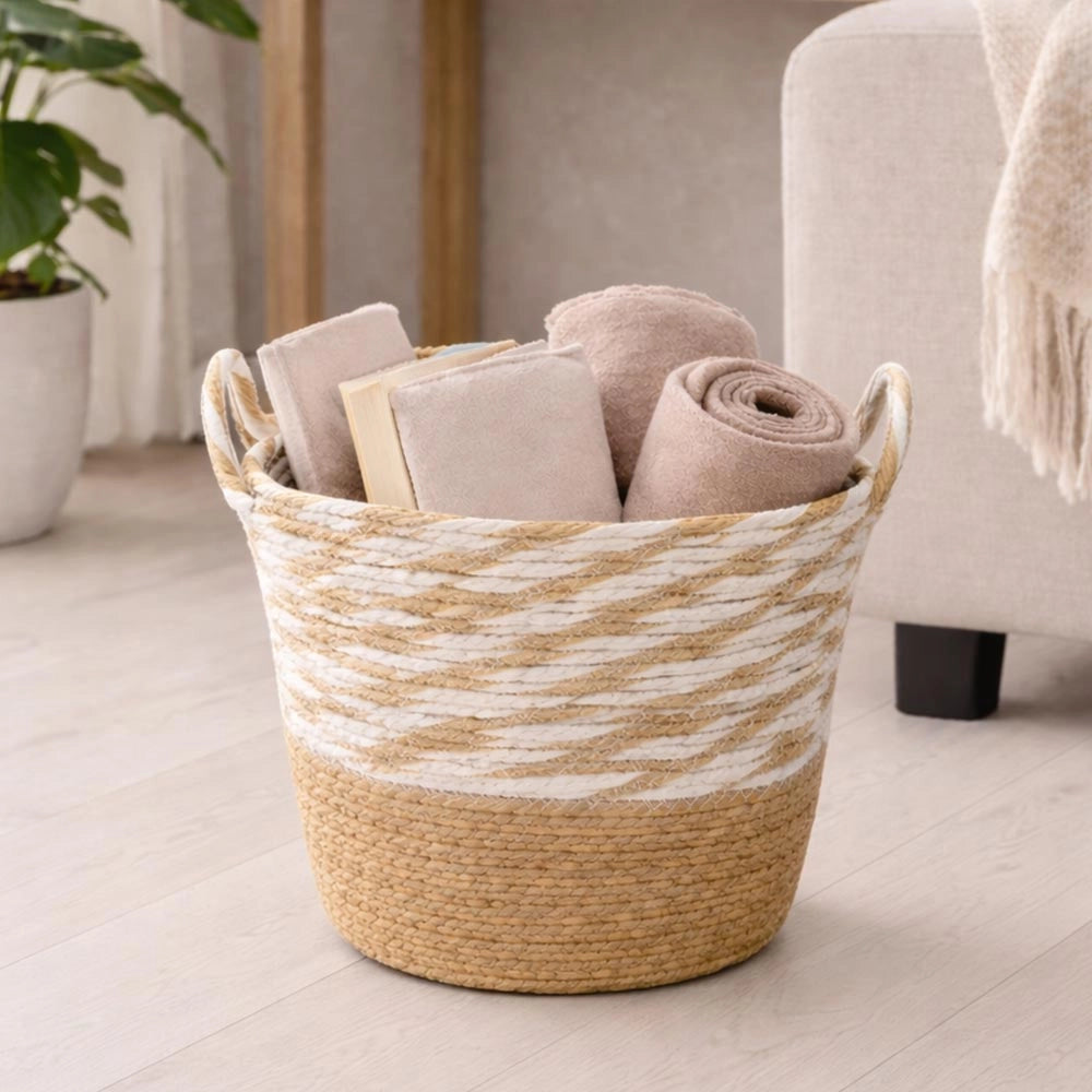 Cesti Portaoggetti Vimini e Corda Bianco Beige Maniglie cm 34 x34 x h30 Set da 3