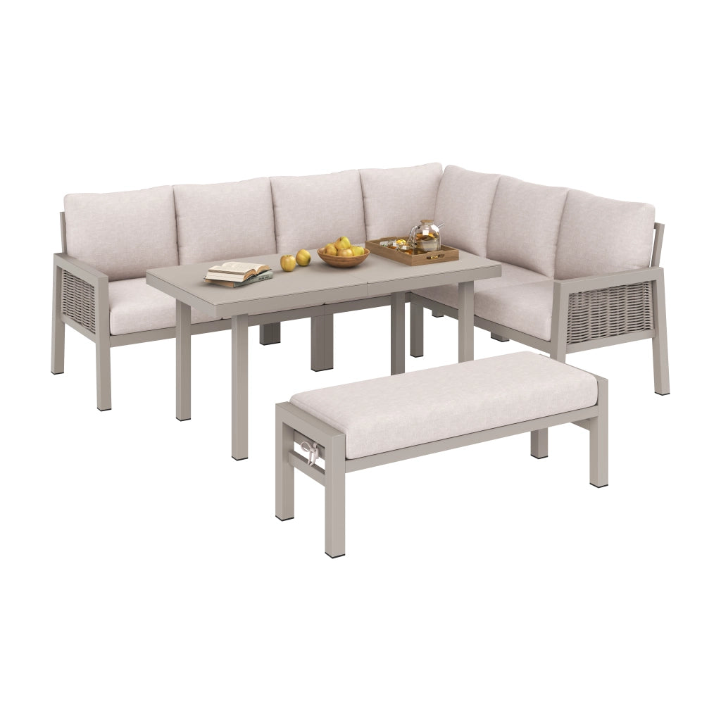 Set Tavolo da Pranzo da Giardino 8 Posti con Divano ¨C Xylo ¨C PE Rattan, Vetro, Khaki