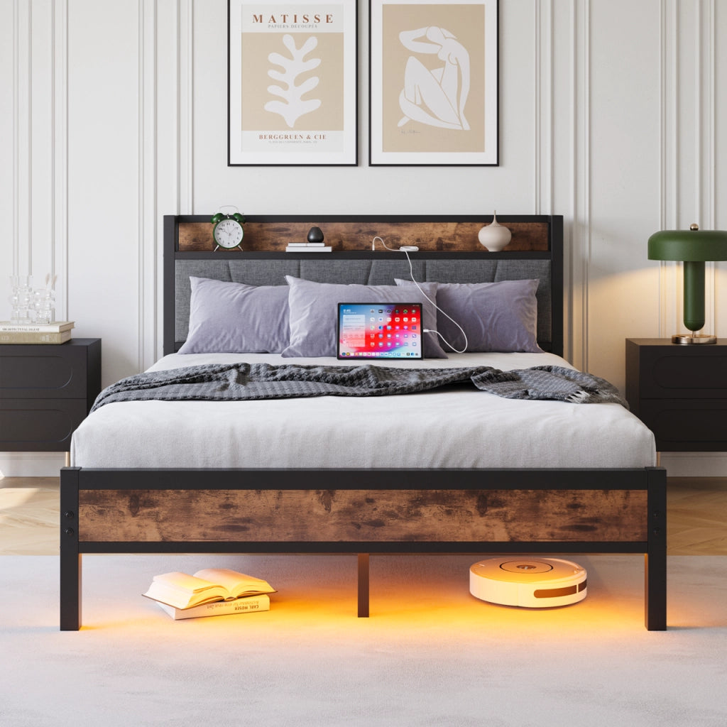 LETTO 140x200 cm con testiera contenitore, MDF e metallo, marrone antico