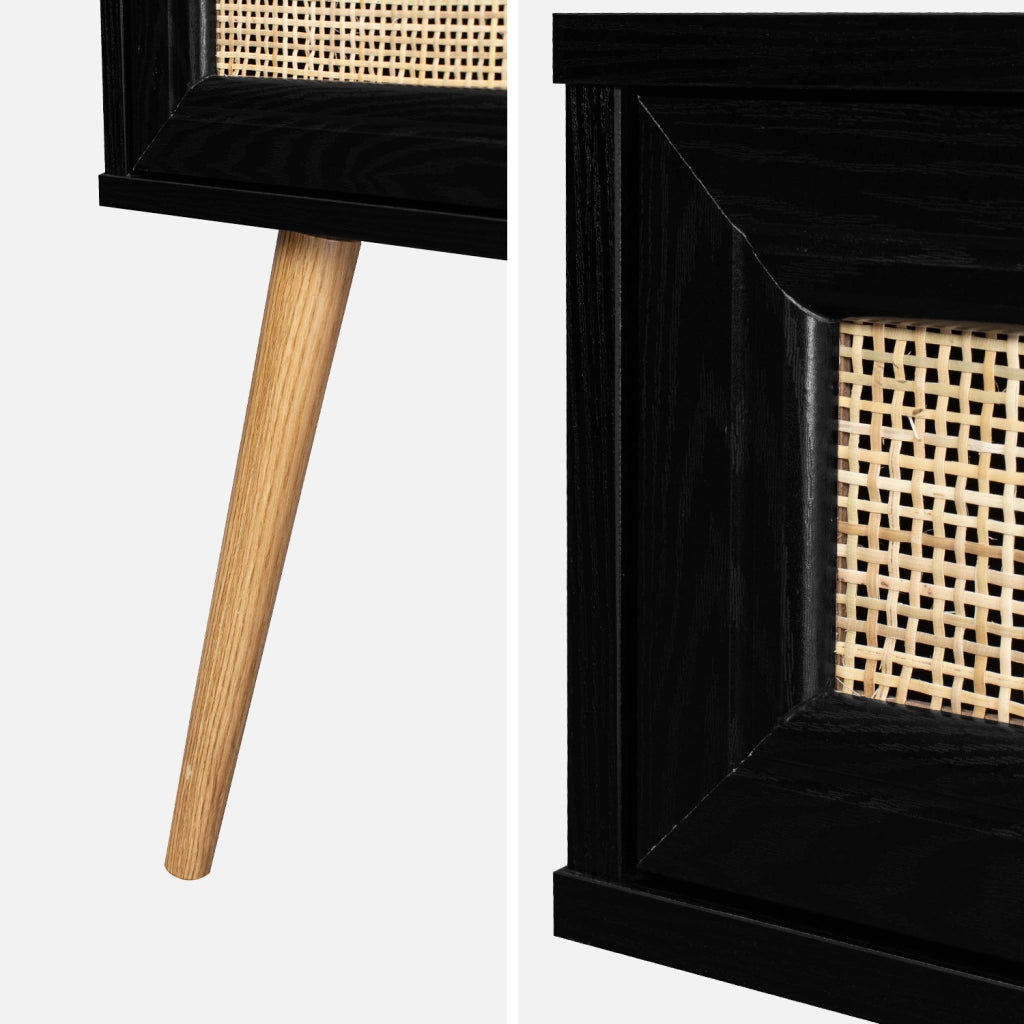 Comodino effetto legno e intrecciatura cannage, 1 cassetto, nero