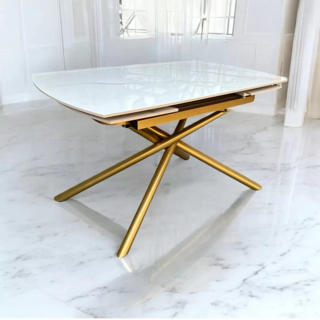 Tavolo moderno allungabile piano ceramica effetto marmo gambe oro 130x90x78 - Mobili 2G