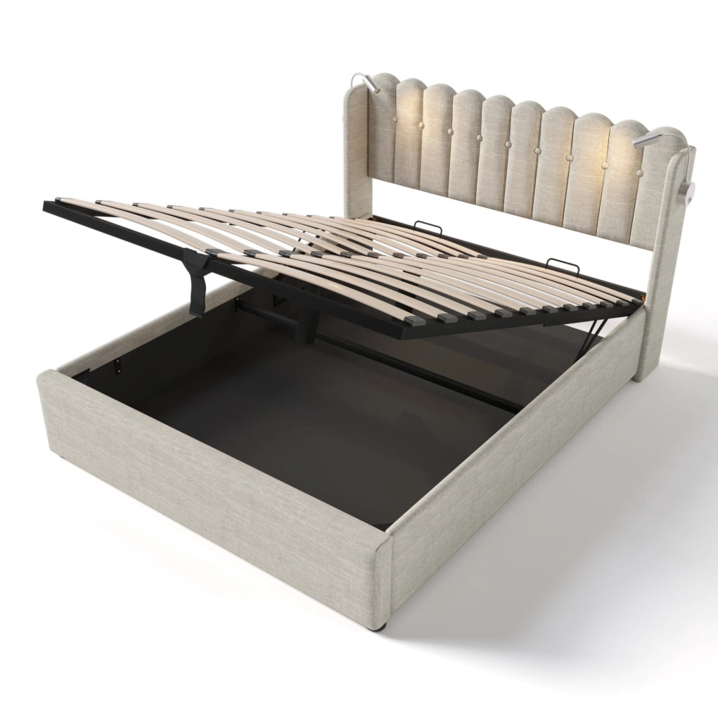 Letto contenitore 140x200 cm in lino naturale con testiera; luce da lettura e ricarica USB