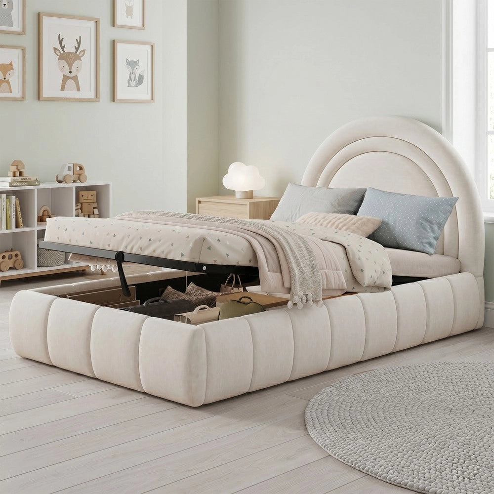 Letto Singolo Imbottito Contenitore ¨C Xylo ¨C Velluto Beige 90x200 con Rete a Doghe