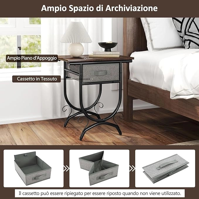 Tavolino con Cassetto in Tessuto, Comodino Industriale a 2 Ripiani con Piano in Legno e Struttura Metallica, Tavolino da Caffè per Camera da Letto e Soggiorno