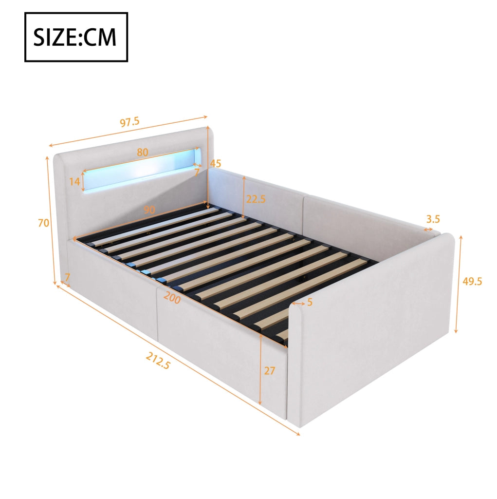 Letto imbottito per bambini 90x200 cm con LED, USB e vano