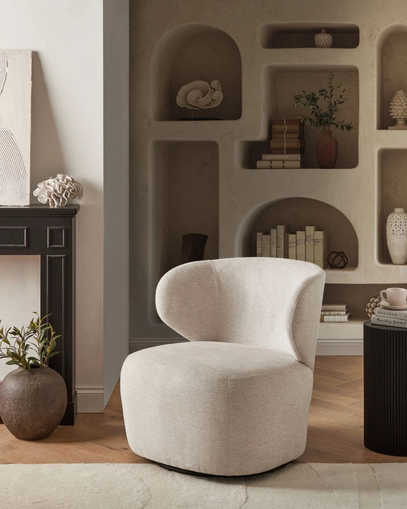 Poltrona d'accento Beige Poliestere Rivestita Girevole Moderna Grande Seduta Quadrata Schienale Curvo