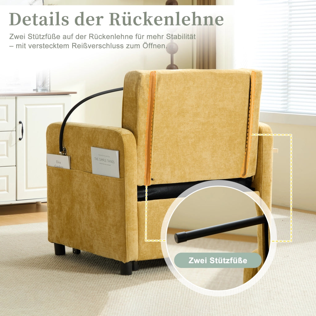 Poltrona letto convertibile in chenille con schienale reclinabile a 5 posizioni tasche laterali vassoio giallo senape