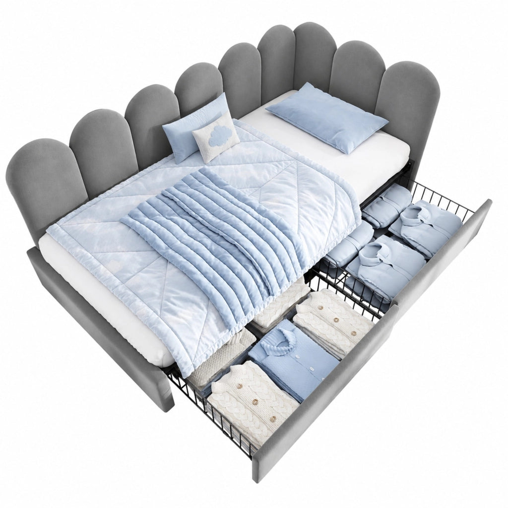 Letto singolo imbottito in velluto grigio 90x190 cm con 2 cassetti e rete a doghe