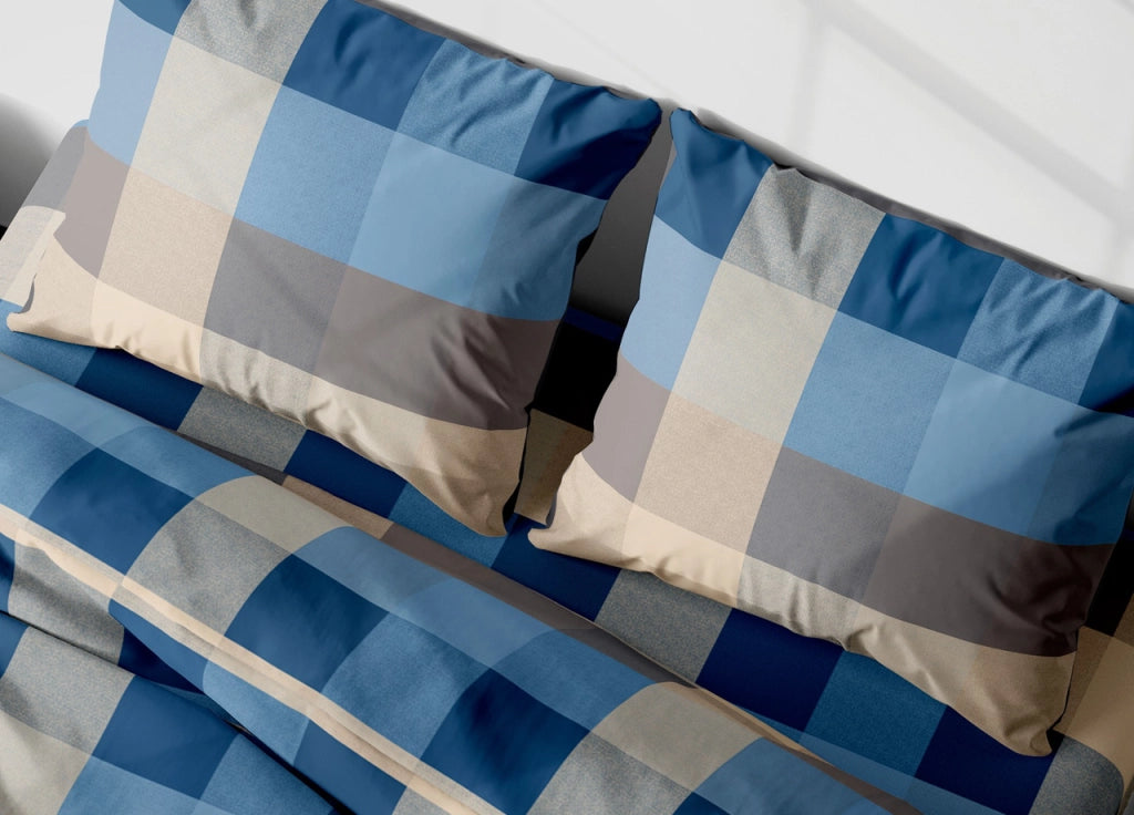 Completo Lenzuola In 100% Cotone Made Italy Disegno Scotland - Matrimoniale - Azzurro