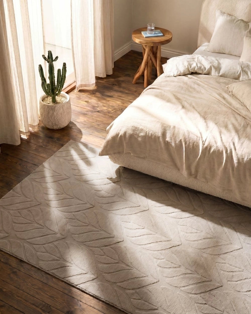 Tappeto in pelliccia sintetica di coniglio, beige, in poliestere, 160 x 230 cm, morbido e a pelo lungo, motivo a foglie