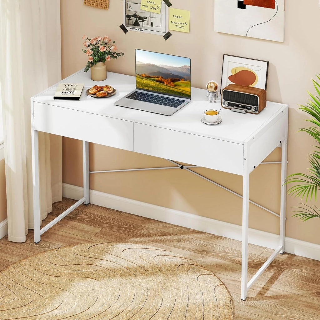 Scrivania per Computer con 2 Cassetti, Scrivania Porta PC con Telaio in Metallo e Legno, Posizione da Lavoro per Studio e Ufficio, Portata 100 kg, 112 x 48 x 76 cm (Bianco)