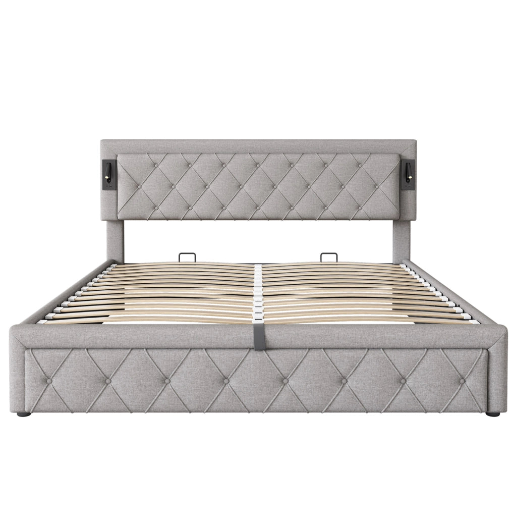 Letto matrimoniale contenitore 180x200 cm; LED e porte USB; lino grigio