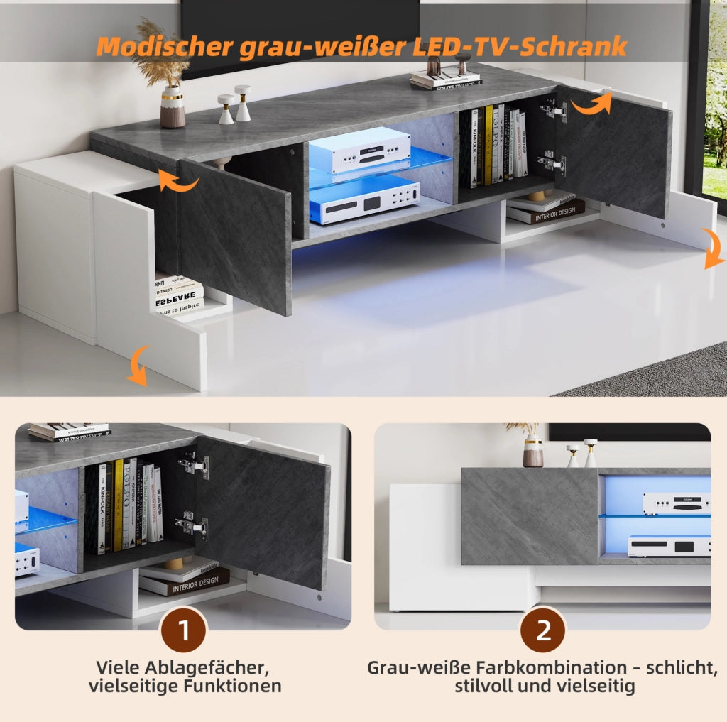 Mobile TV moderno 180 cm bianco e grigio con LED controllabile da app