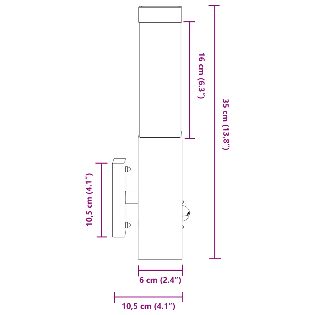Luce da Parete Esterno con Sensore Nera Acciaio Inossidabile IP44