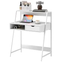 Scrivania per Computer Stile Neo-Rétro con Cassetto, Vano e Mensola, in Metallo, Bianco