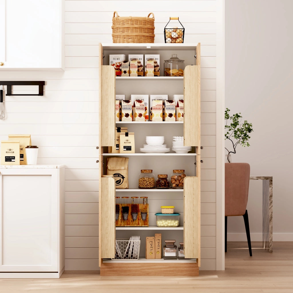 Dispensa alta con 4 ante e ripiani regolabili per cucina, in MDF, bianco e naturale, 76 × 42 × 180 cm