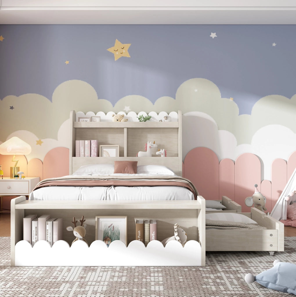 Letto per bambini 90x190 cm con cassetti e ripiani in legno massello e MDF bianco rovere chiaro