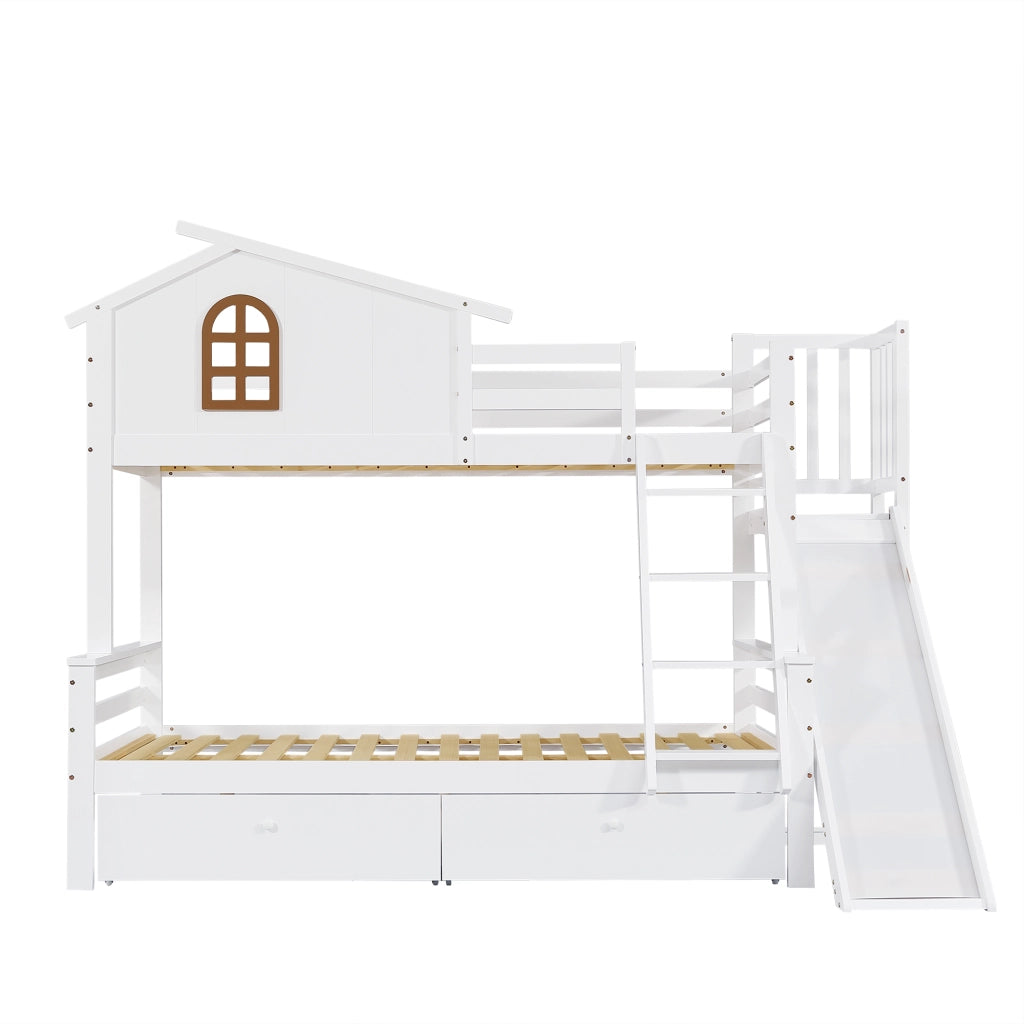 Letto a castello bianco con scivolo; scala inclinata e cassetti 90x200 e 120x200 cm