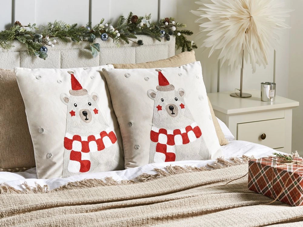 Set di 2 cuscini decorativi in tessuto di velluto bianco Motivo natalizio 45 x 45 cm Accessorio per la decorazione