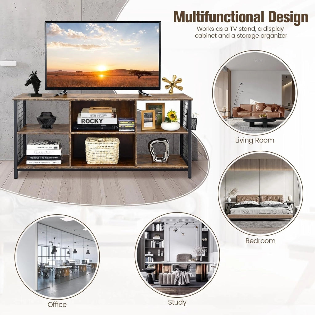 Mobile TV, mobile TV, mobile TV, supporto per TV fino a 65 pollici, cassettiera bassa, in legno con scomparti aperti e cestino portaoggetti, mensola TV industriale 140 x 40 x 63 cm