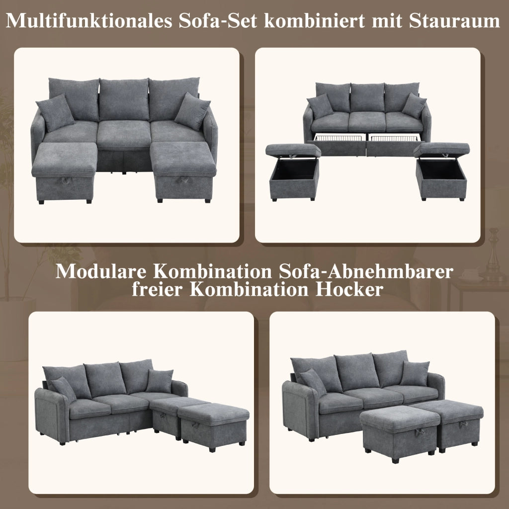DIVANO ANGOLARE U-Forma 188x186x86 cm Grigio Scuro Set con 2 pouf
