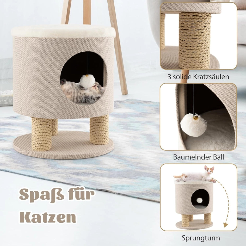 Tiragraffi per Gatti a Sgabello 47 cm, Grotta per Gatti con Palla Pompon Sospeso e 3 Tronchi Tiragraffi in Sisal, Cuccia per Gatto da Interno Piccolo Ø40, Beige