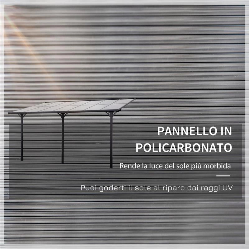 PERGOLA ADDOSSATA DA GIARDINO IN POLICARBONATO E ALLUMINIO, INSTALLAZIONE REGOLABILE, GRIGIO