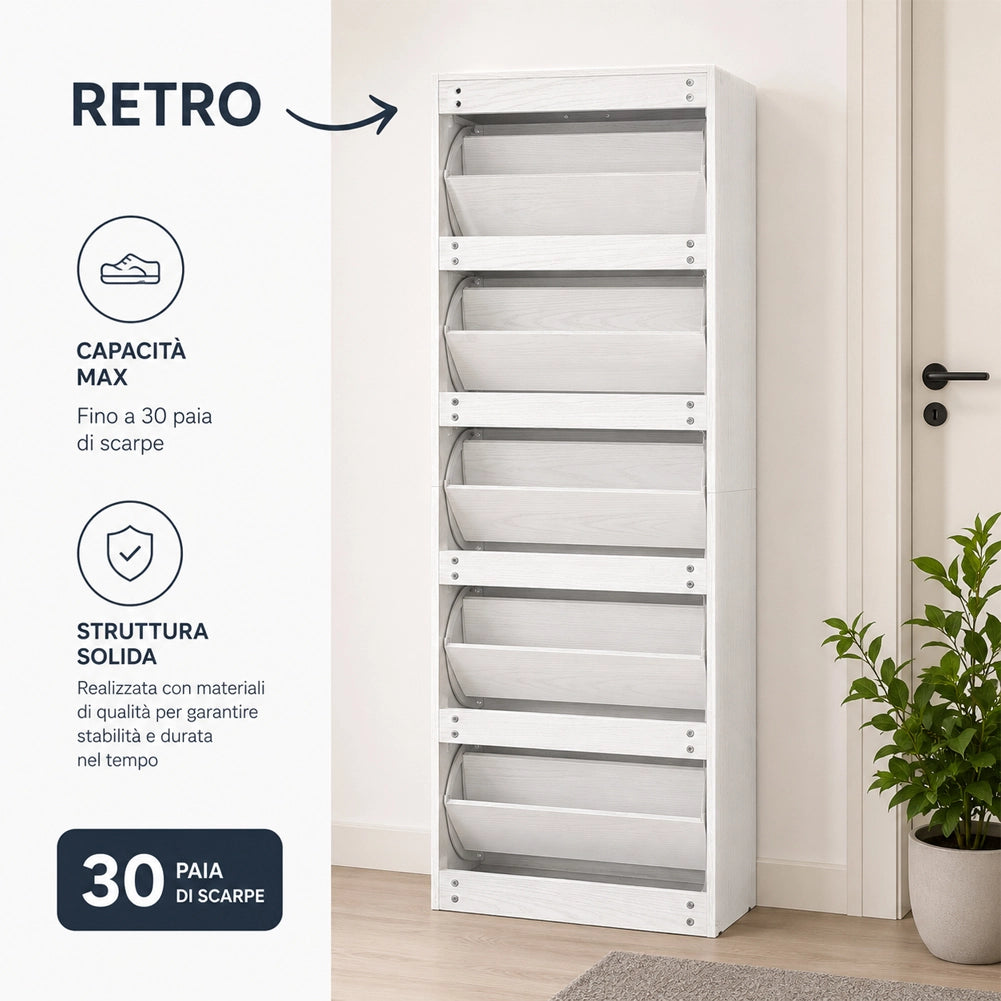 Scarpiera 5 Ripiani 63x24x170 cm Salvaspazio con Maniglia in Melamina Bianco