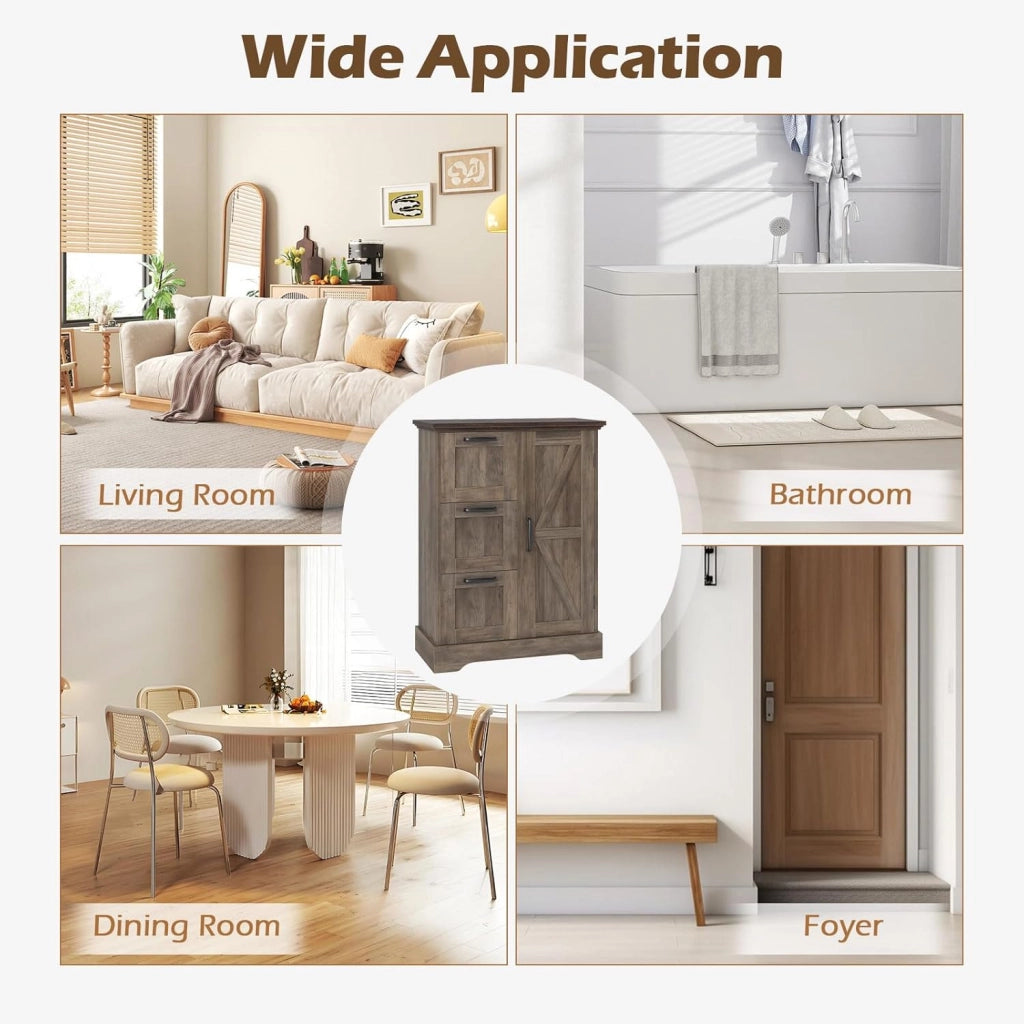 Mobiletto da Pavimento in Legno, Organizzatore per Conservazione Rustico con Porta da Fienile e 3 Cassetti, Buffet Laterale Autonomo per Cucina, Soggiorno, Sala da Pranzo (Grigio)