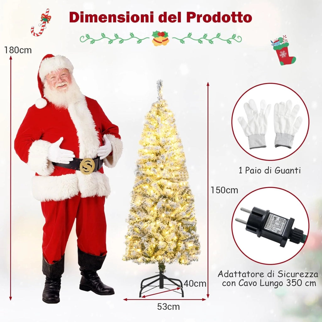 Albero di Natale Slim 150cm, Albero di Natale Innevato con 180 Luci LED, 8 Modalità, 329 Rami in PVC e Base in Metallo Pieghevole, Decorazione Natalizia per Casa e Ufficio (150 cm)