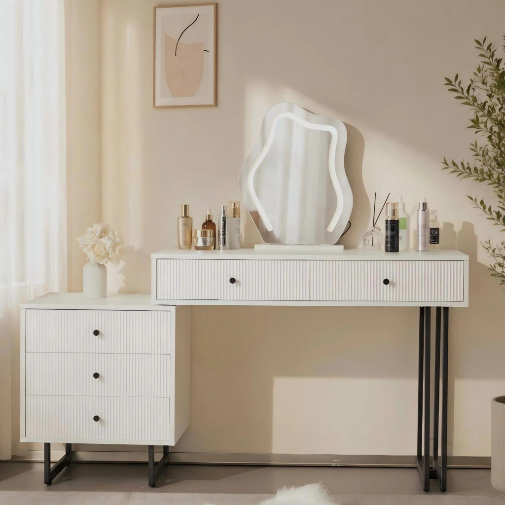 Tavolo da toeletta con specchio illuminato; piano estraibile; LED 3 colori; Bianco; B100×H76×P40cm (senza sgabello)